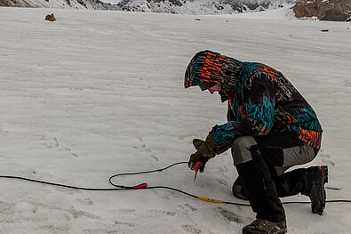 Placement of geophones on the surface of Valdemarbreen glacier, Svalbard.
