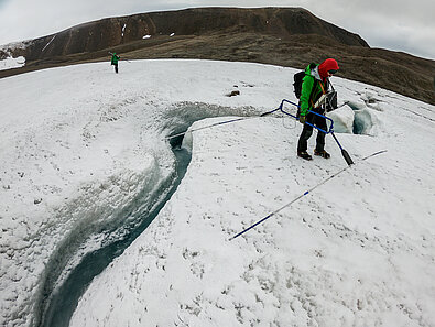 Mērījumu veikšana ar ģeoradaru, Valdemarbrēena ledājs, Svalbāra.